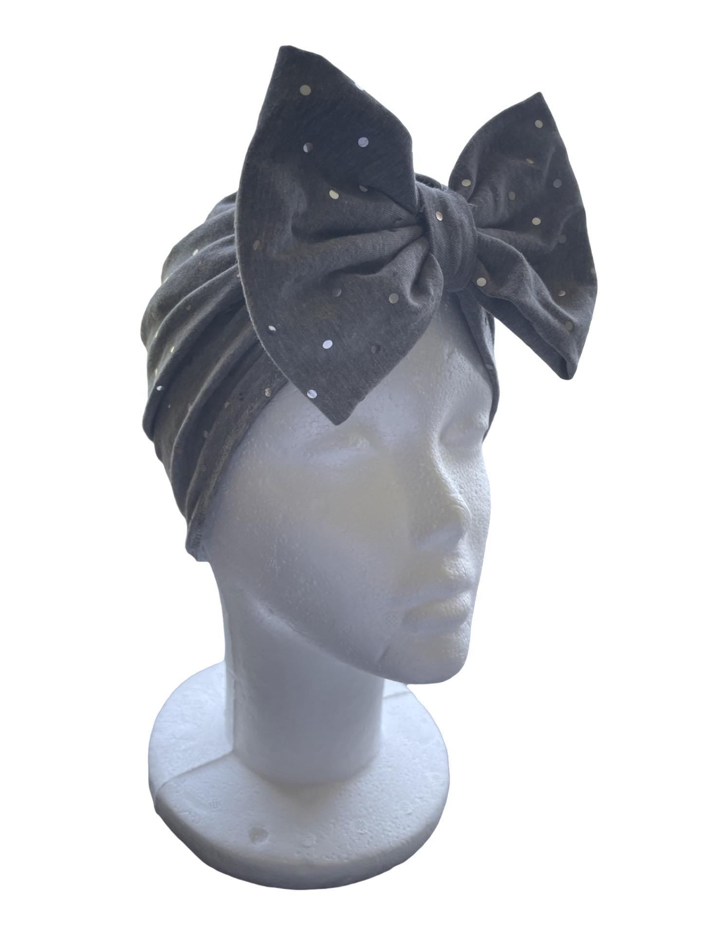 Grey Sparkle Baby Turban Hat with Bow – Newborn Girl Headwrap, Soft Stretch Infant Beanie, Baby Shower Gift