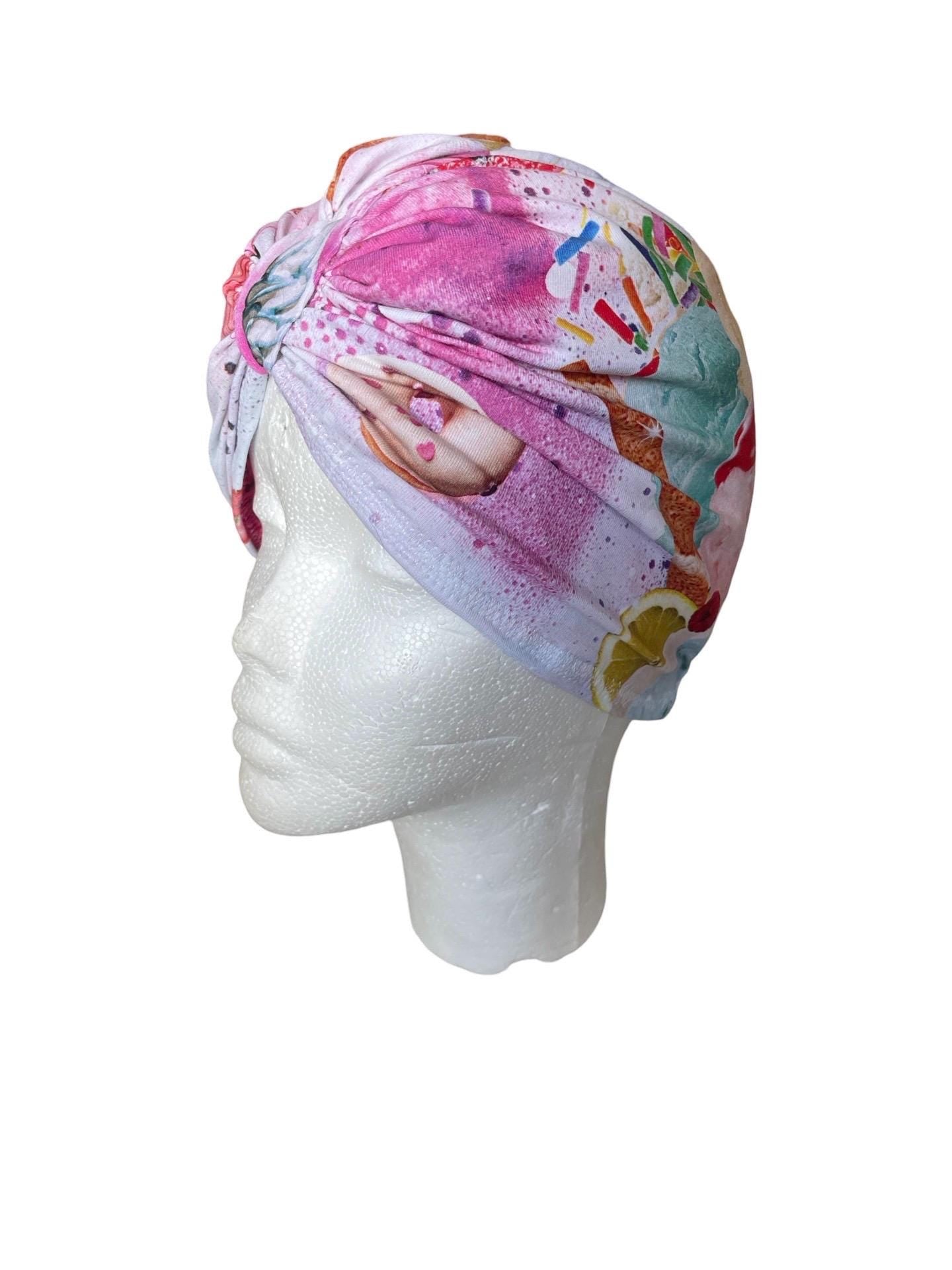 Sweet Summer Ice Cream Soft Baby Turban Hat – Newborn & Infant Headwrap - Satin lined - curly hair cap