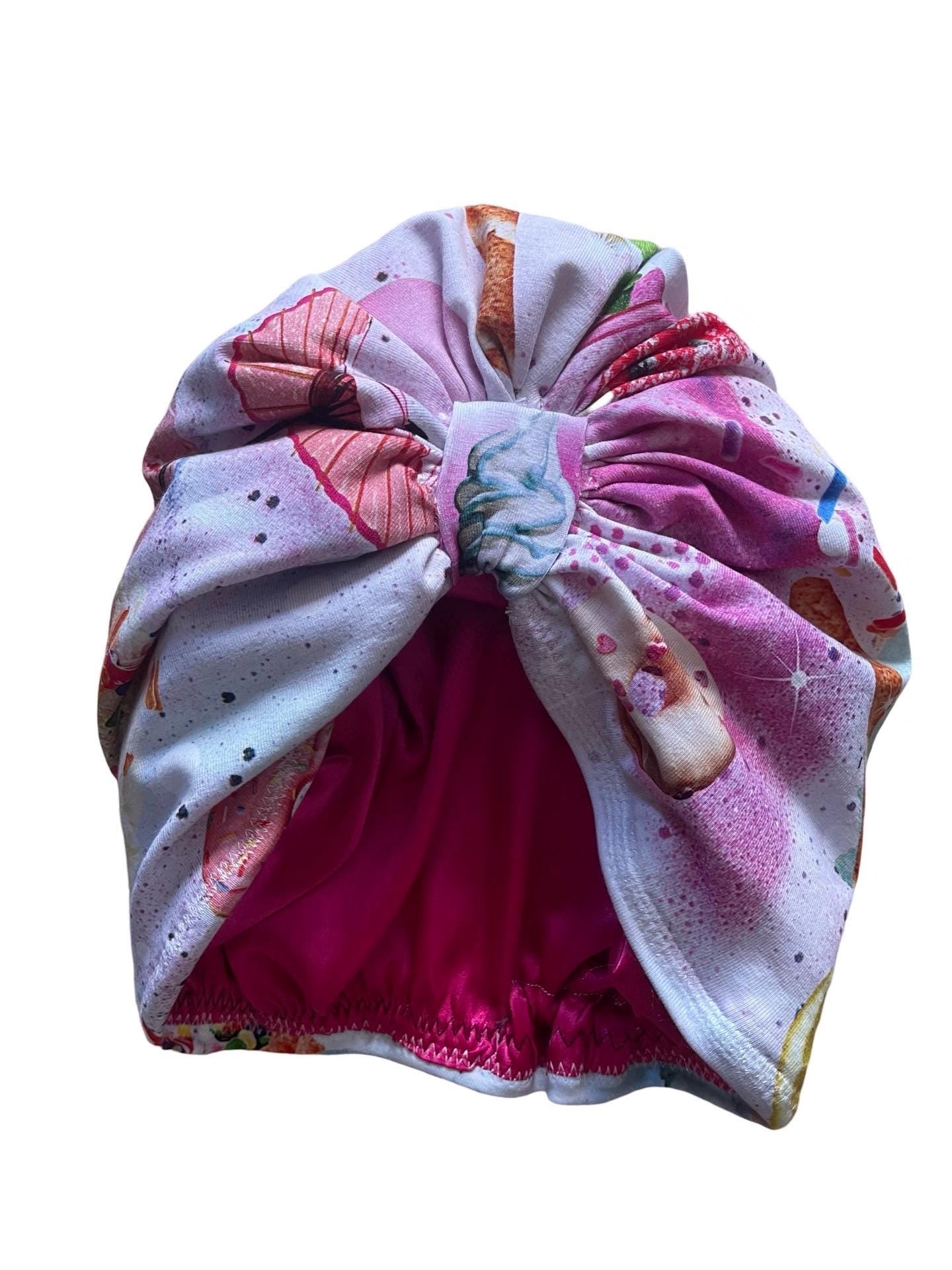 Sweet Summer Ice Cream Soft Baby Turban Hat – Newborn & Infant Headwrap - Satin lined - curly hair cap