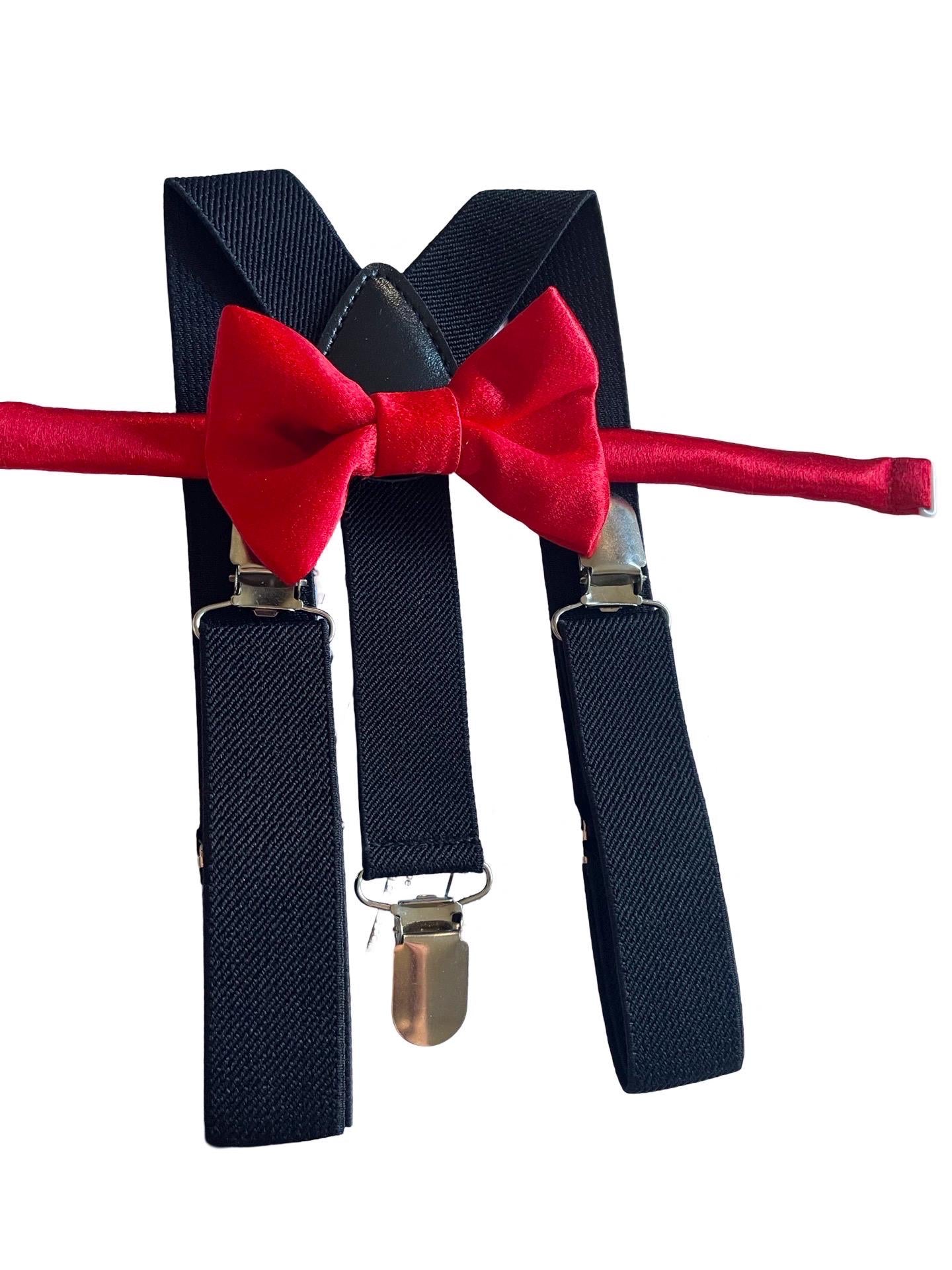 Red bow tie and black suspenders set, Christmas bowtie and suspenders, red satin boy's bow tie, toddler suspenders, kid's suspenders