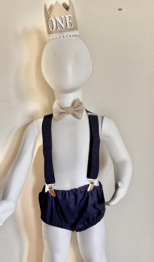 Navy Beige Cake Smash Boy First Birthday super soft cotton Diaper Cover, Suspenders, all navy blue color , Birthday Photoshoot