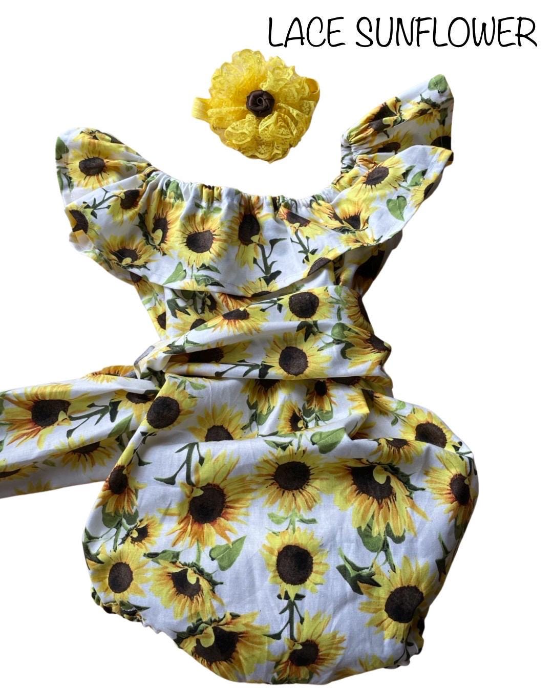 Sunflower baby girls romper, First birthday outfit, Sunflower headband