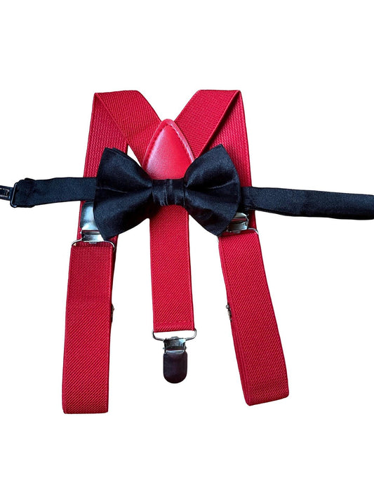 Black satin bow tie and redsuspenders set, Christmas bowtie and suspenders, black satin boy's bow tie, toddler suspenders, kid's suspenders