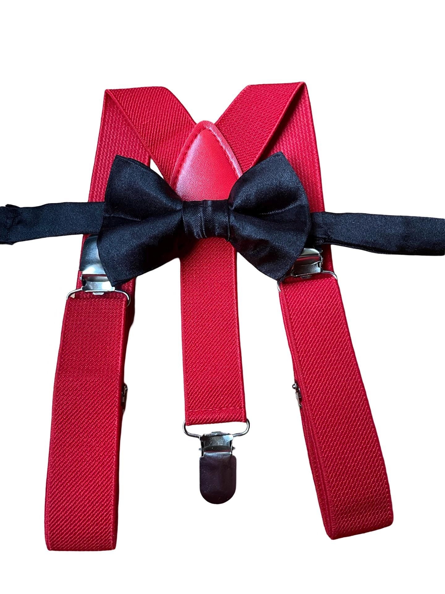 Black satin bow tie and redsuspenders set, Christmas bowtie and suspenders, black satin boy's bow tie, toddler suspenders, kid's suspenders