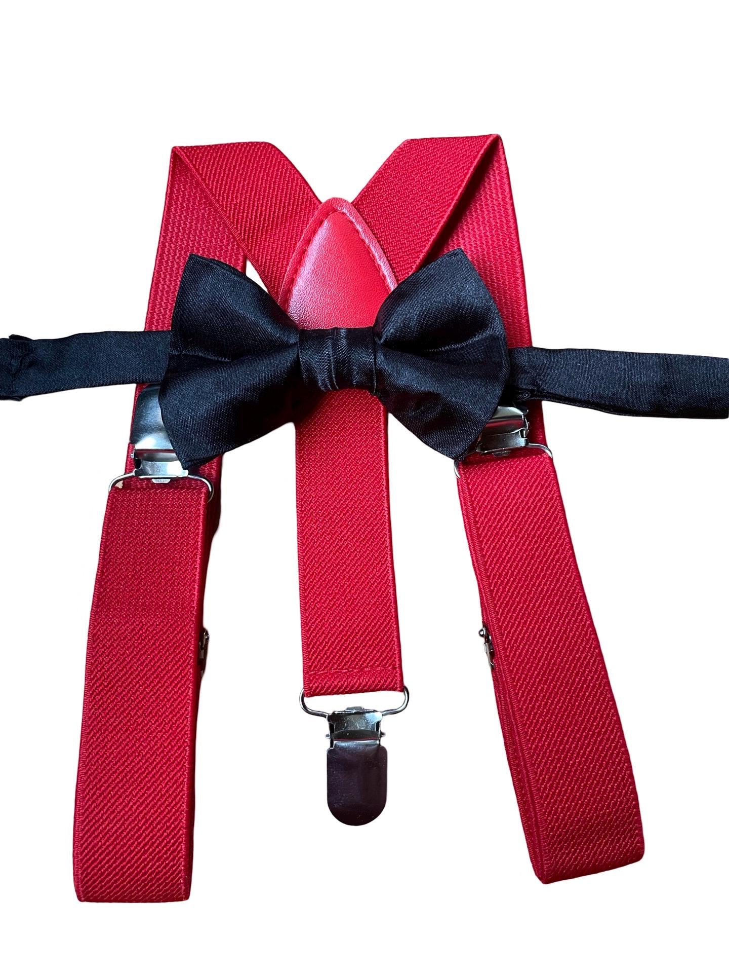 Black satin bow tie and redsuspenders set, Christmas bowtie and suspenders, black satin boy's bow tie, toddler suspenders, kid's suspenders