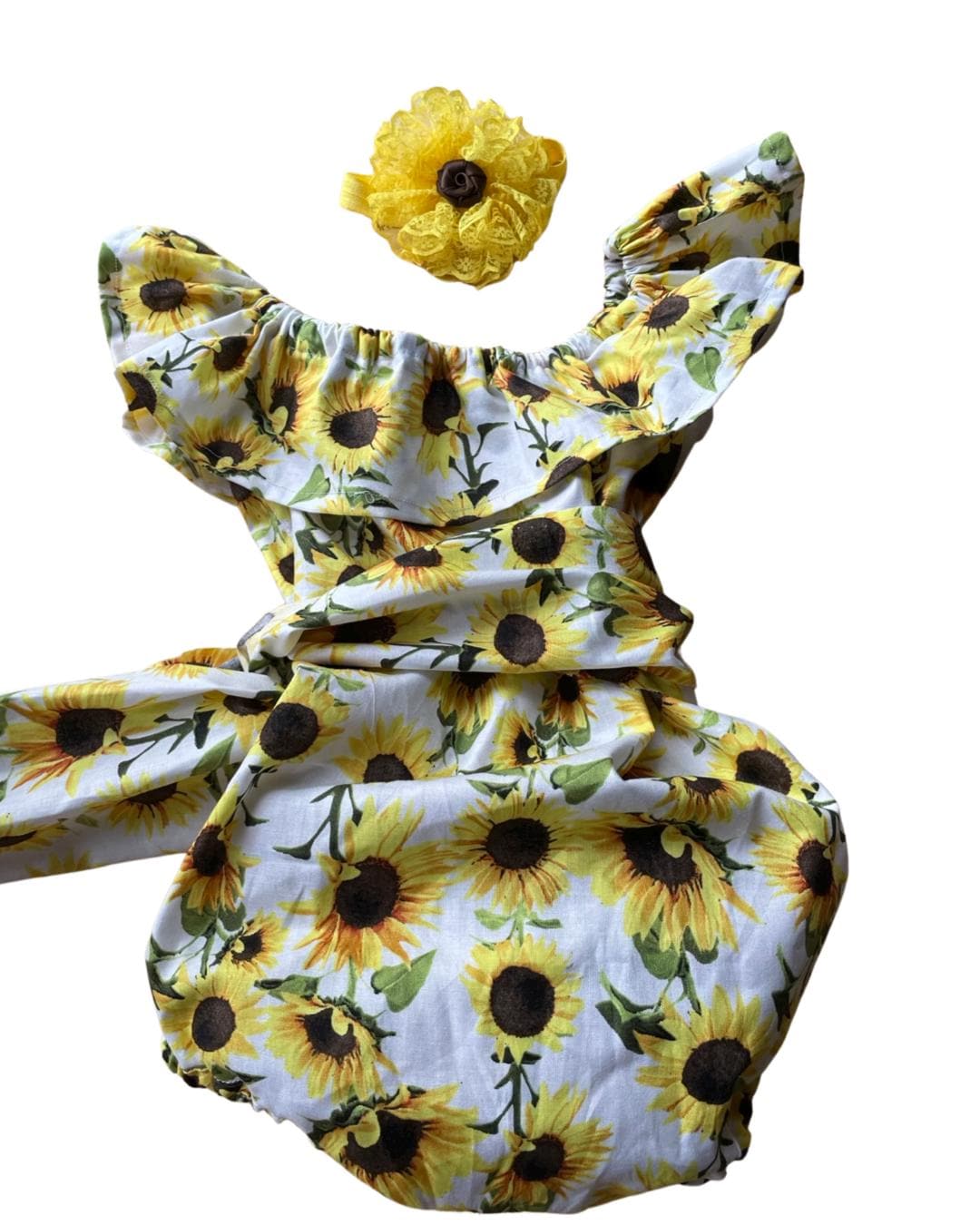 Sunflower baby girls romper, First birthday outfit, Sunflower headband