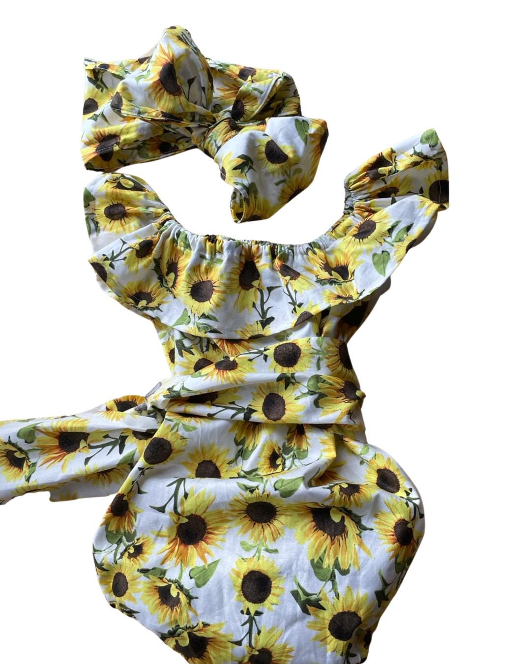 Sunflower baby girls romper, First birthday outfit, Sunflower headband
