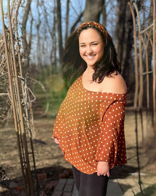 Vintage 80s chiffon brown and white polka dot semi sheer off shoulder slouchy top bat wing plus sizes comfort top summer top spring top