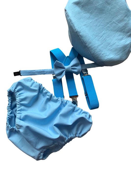 Baby boys Cake Smash Outfit. 1st Birthday set. Photo shoot. Braces, bow tie,nappy cover. Baby Blue and white/ blue