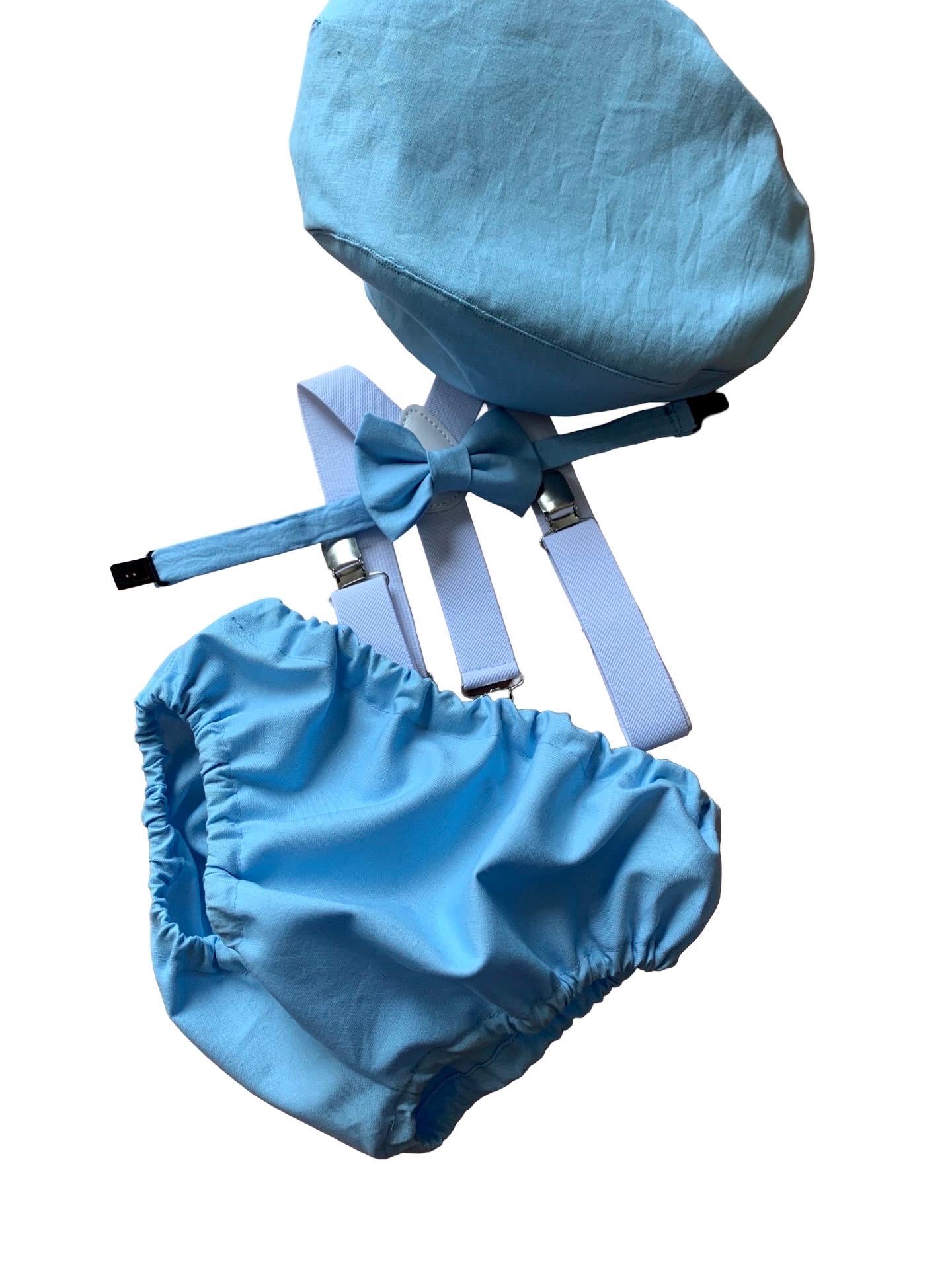 Baby boys Cake Smash Outfit. 1st Birthday set. Photo shoot. Braces, bow tie,nappy cover. Baby Blue and white/ blue