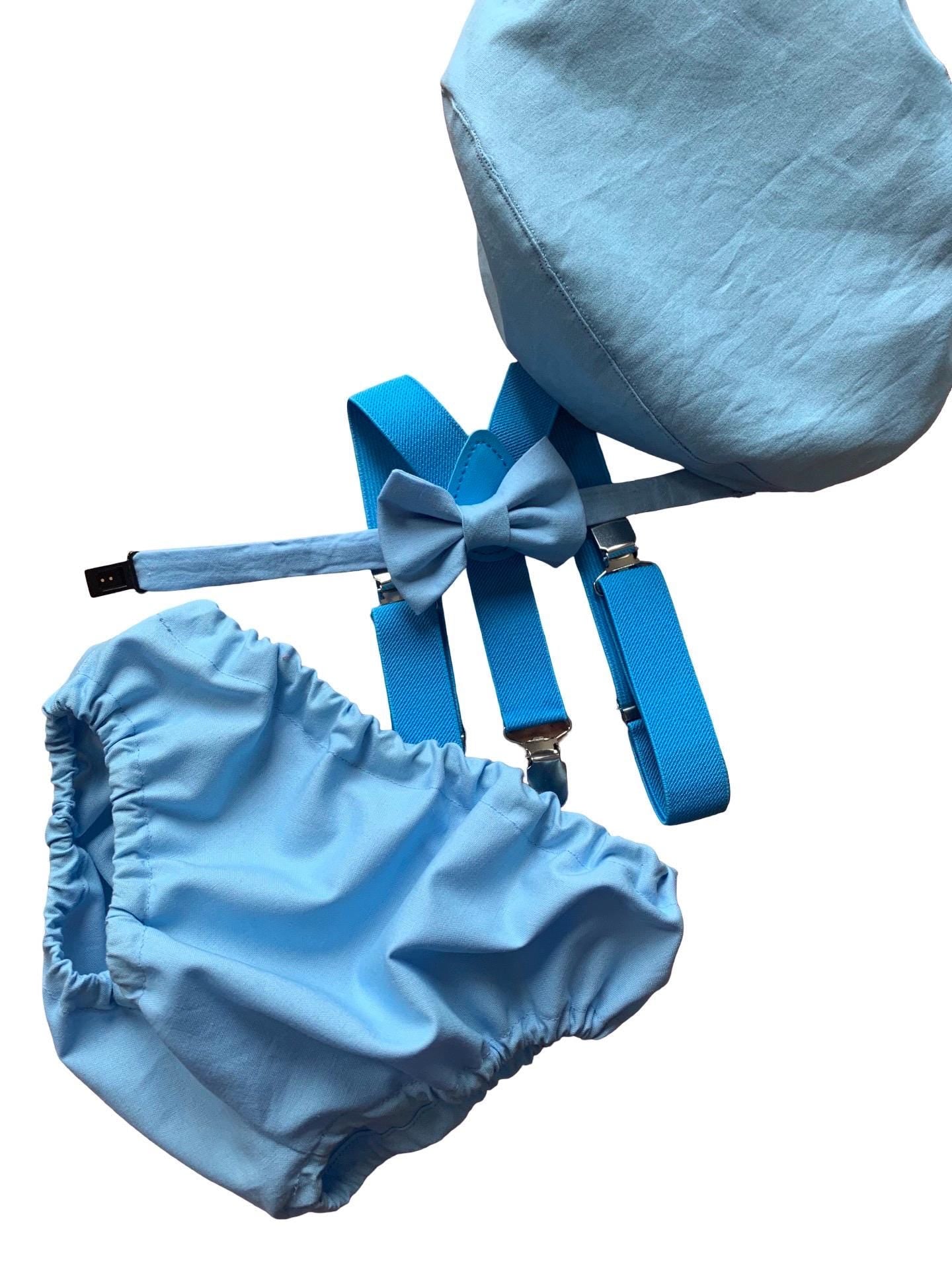 Baby boys Cake Smash Outfit. 1st Birthday set. Photo shoot. Braces, bow tie,nappy cover. Baby Blue and white/ blue