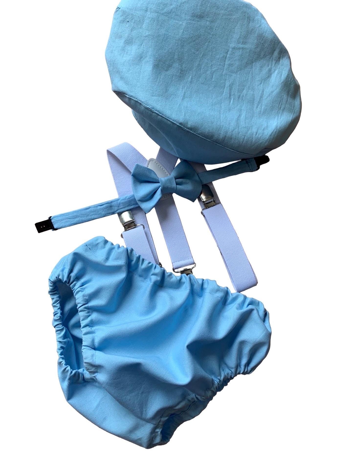 Baby boys Cake Smash Outfit. 1st Birthday set. Photo shoot. Braces, bow tie,nappy cover. Baby Blue and white/ blue