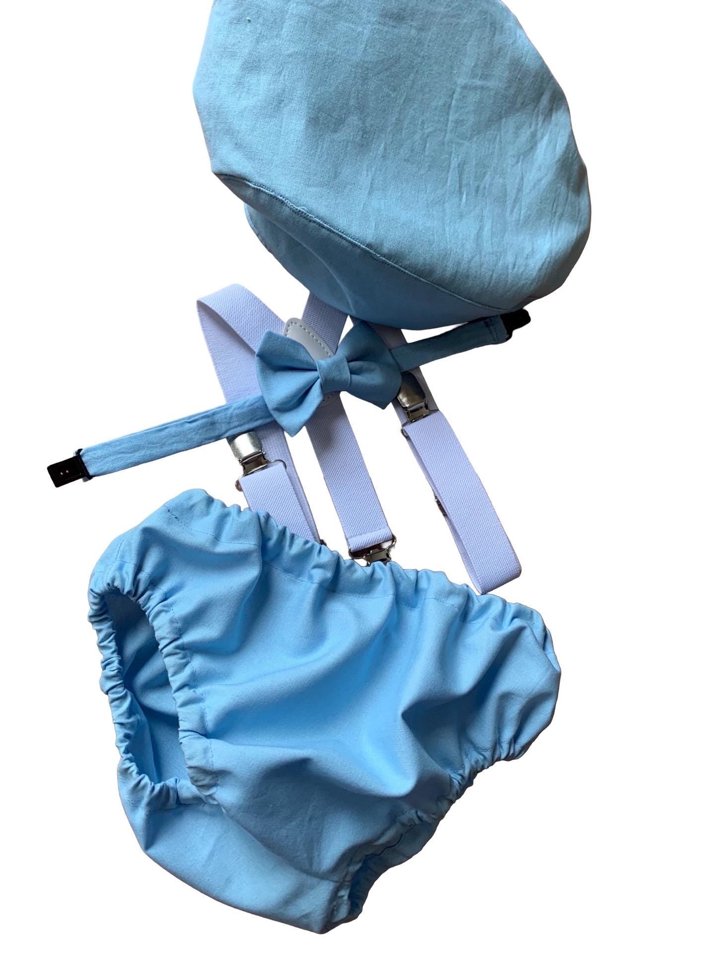 Baby boys Cake Smash Outfit. 1st Birthday set. Photo shoot. Braces, bow tie,nappy cover. Baby Blue and white/ blue