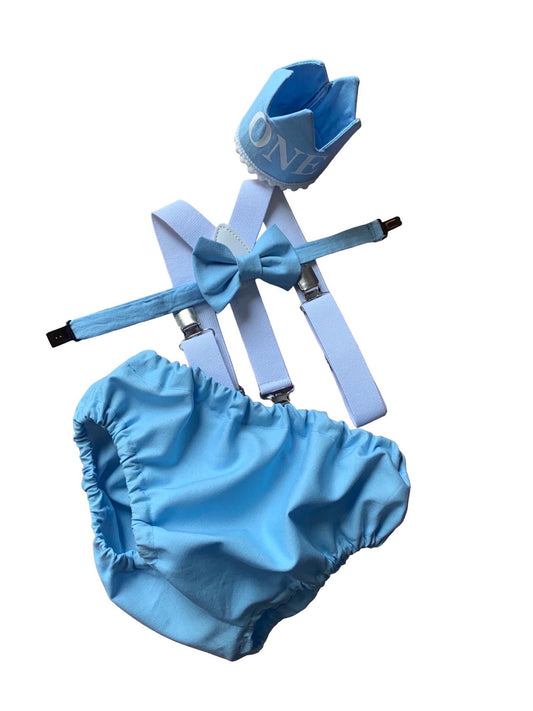 Light Blue Baby Boy Cake Smash Outfit Bloomer Diaper Cover, Suspenders and Bow Tie Set