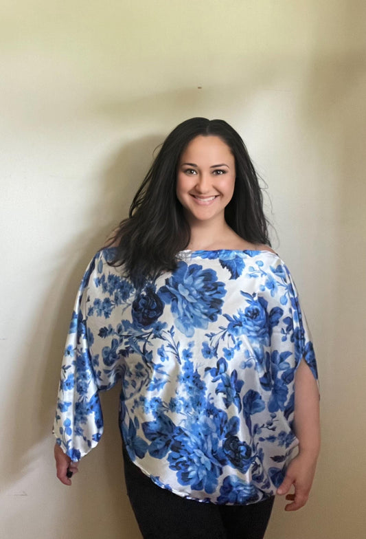 Beautiful Summery Floral Off Shoulder Top Blue Sateen