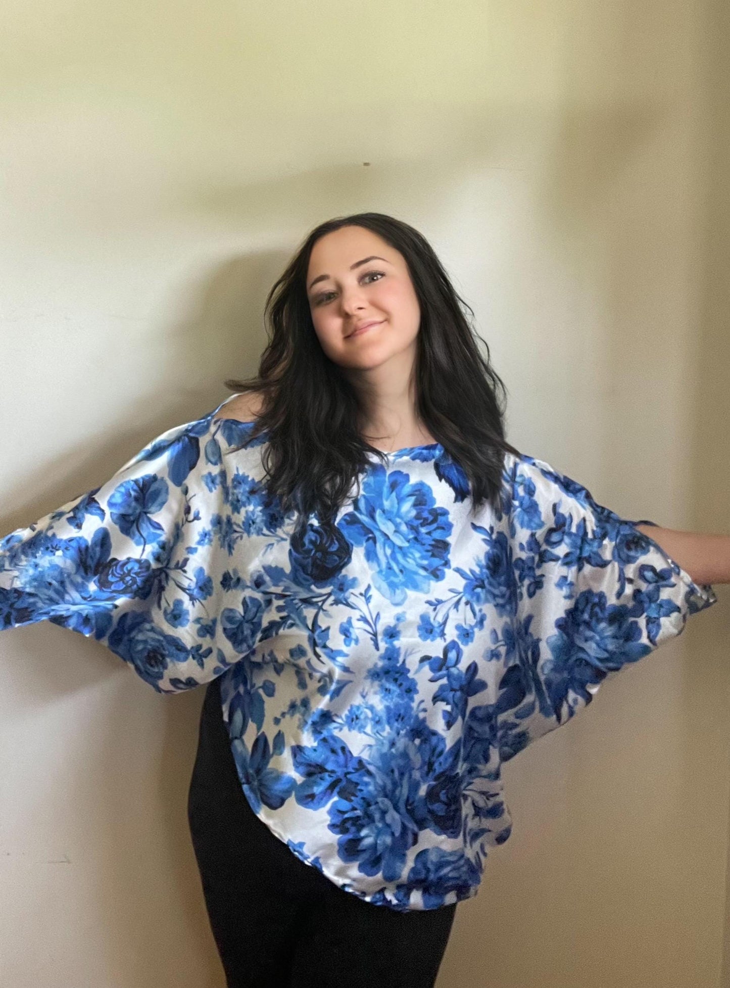 Beautiful Summery Floral Off Shoulder Top Blue Sateen