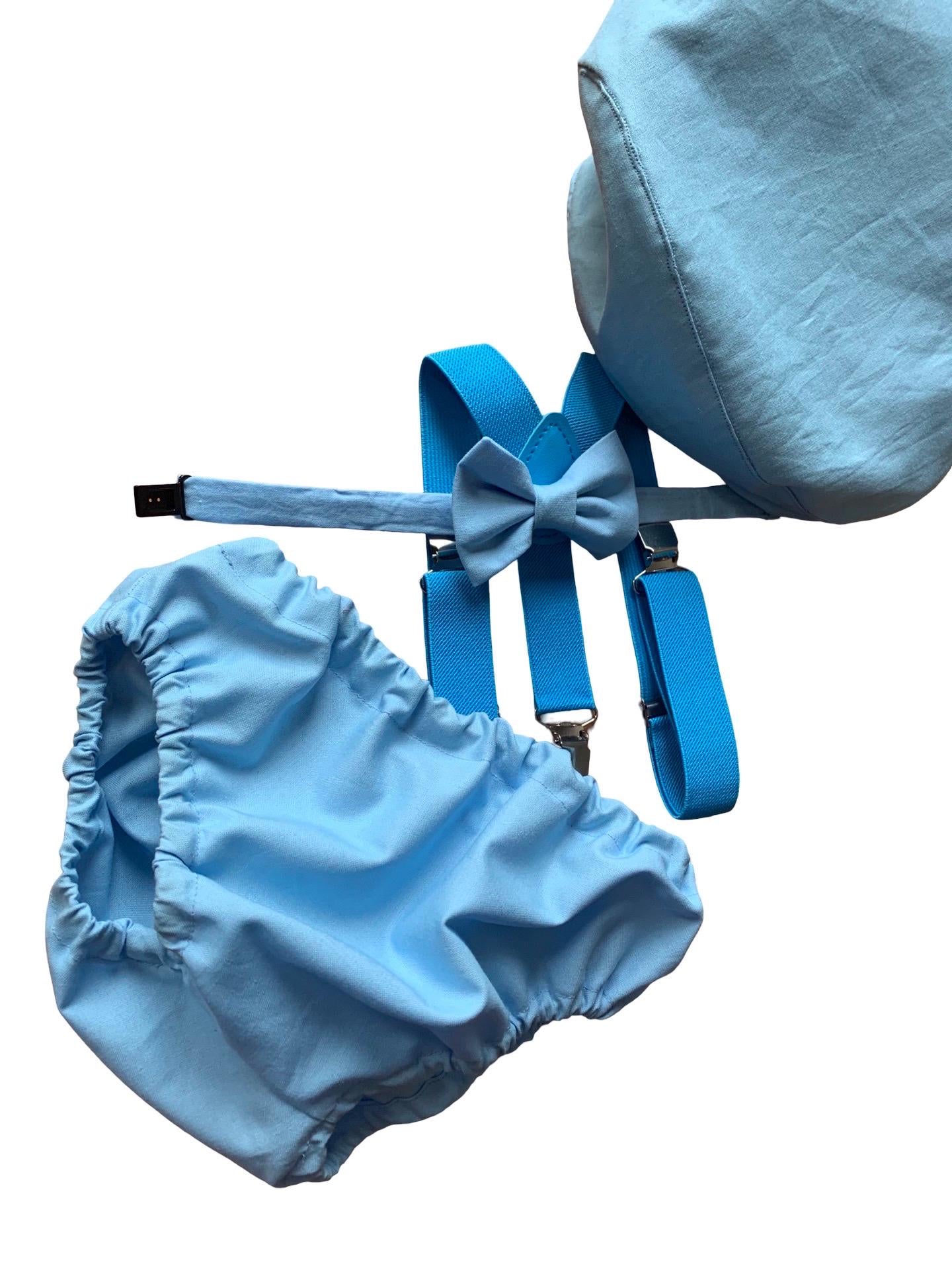 Baby boys Cake Smash Outfit. 1st Birthday set. Photo shoot. Braces, bow tie,nappy cover. Baby Blue and white/ blue