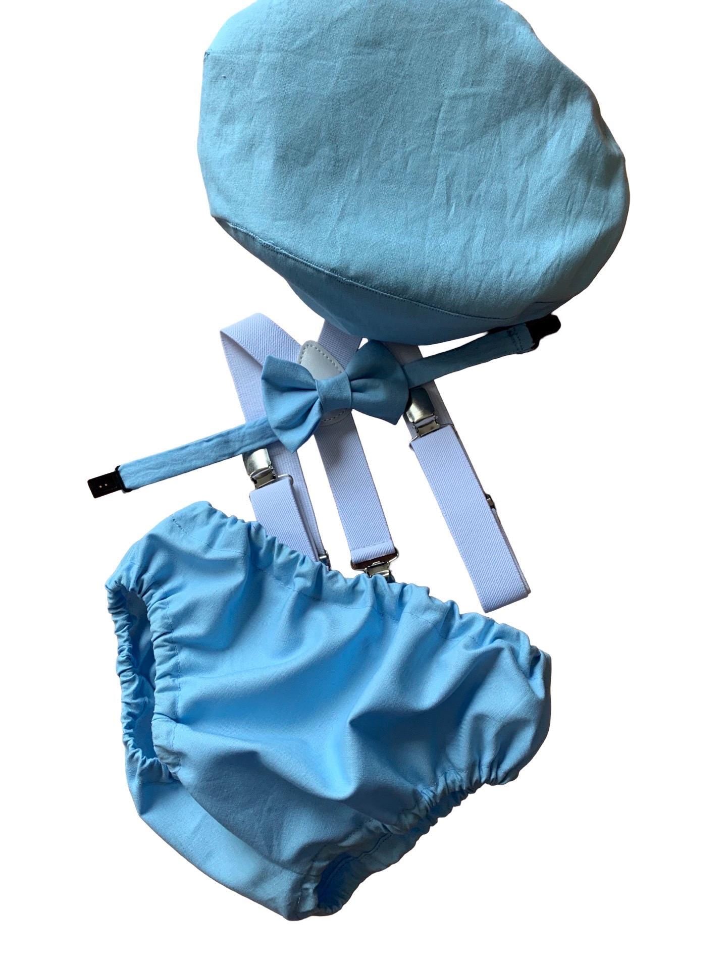 Baby boys Cake Smash Outfit. 1st Birthday set. Photo shoot. Braces, bow tie,nappy cover. Baby Blue and white/ blue
