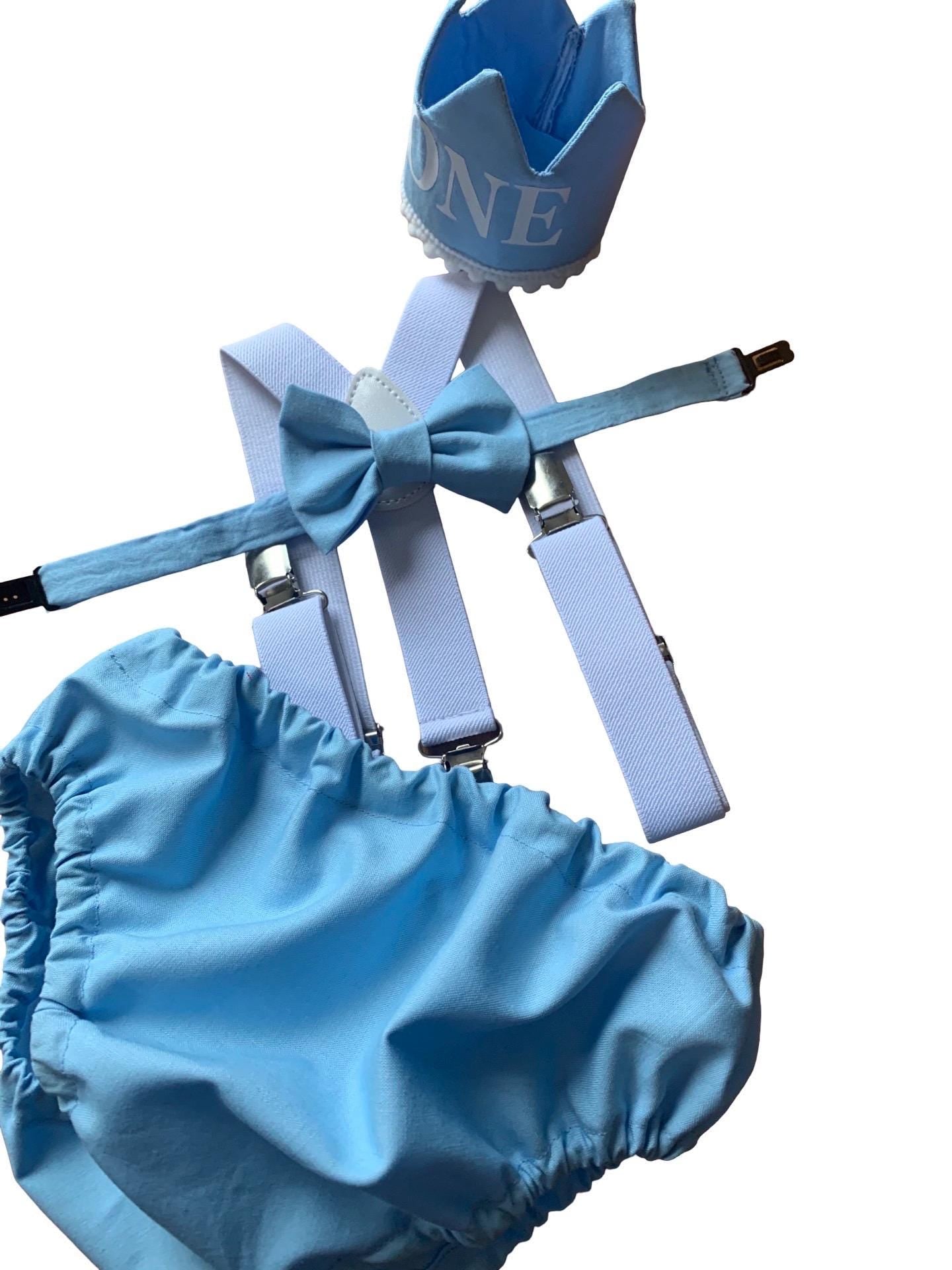 Light Blue Baby Boy Cake Smash Outfit Bloomer Diaper Cover, Suspenders and Bow Tie Set