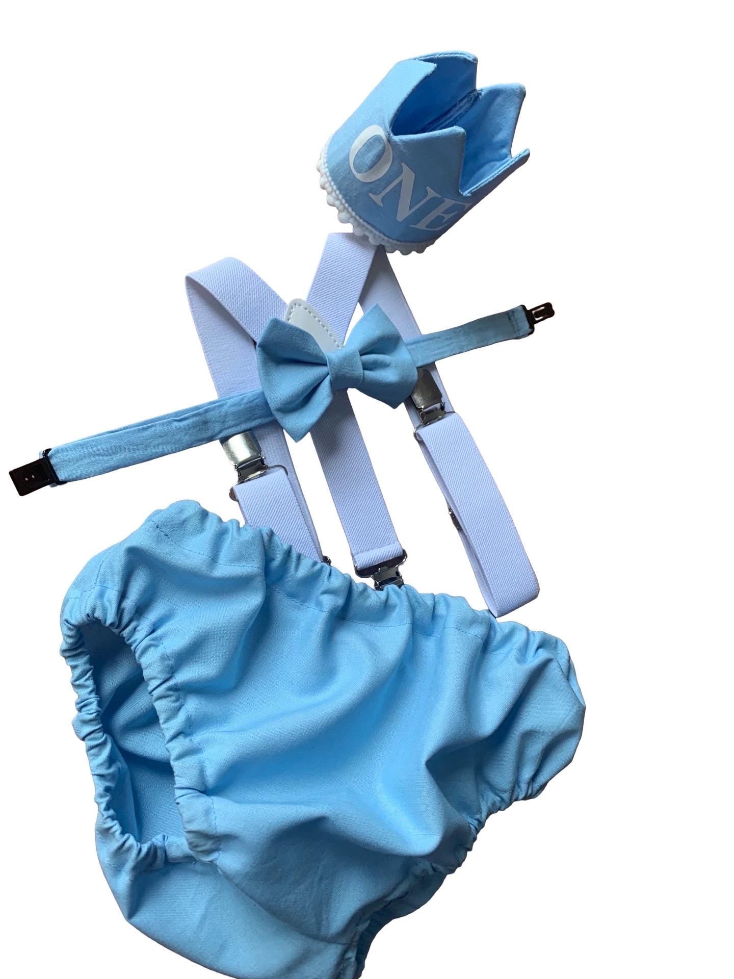 Light Blue Baby Boy Cake Smash Outfit Bloomer Diaper Cover, Suspenders and Bow Tie Set