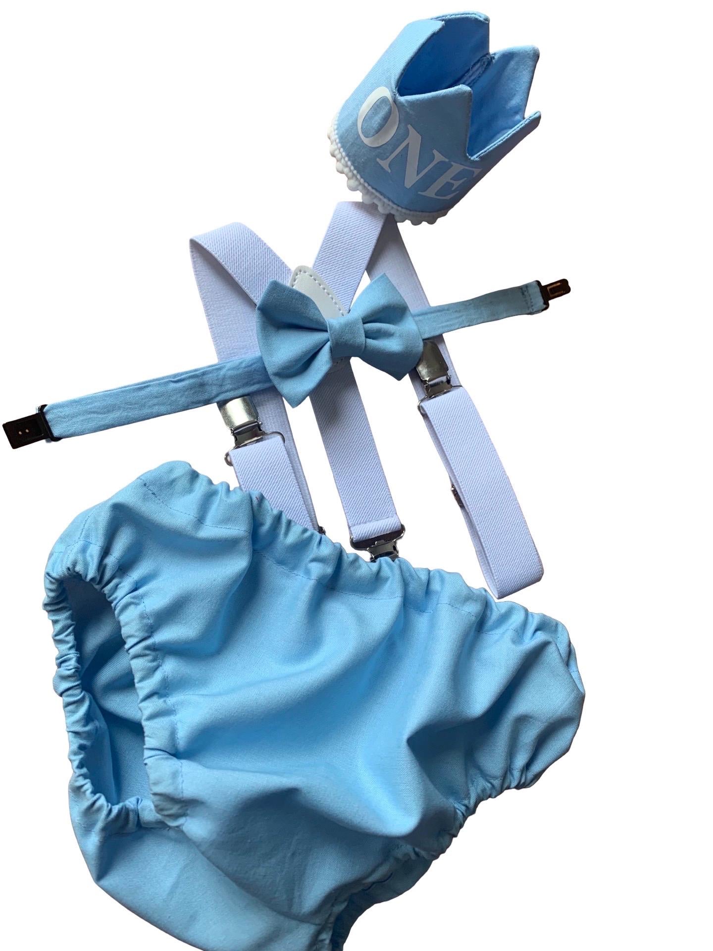 Light Blue Baby Boy Cake Smash Outfit Bloomer Diaper Cover, Suspenders and Bow Tie Set