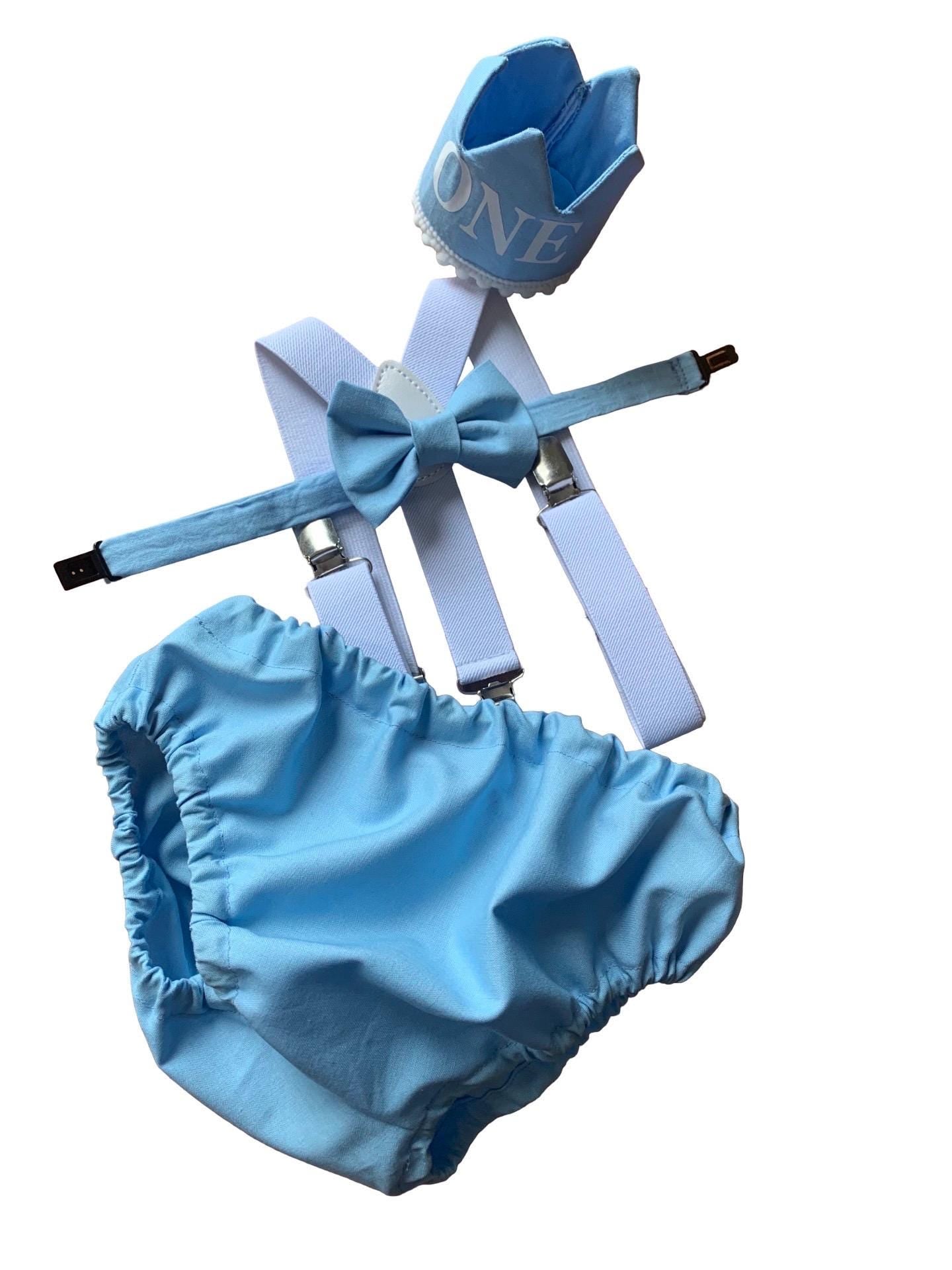 Light Blue Baby Boy Cake Smash Outfit Bloomer Diaper Cover, Suspenders and Bow Tie Set