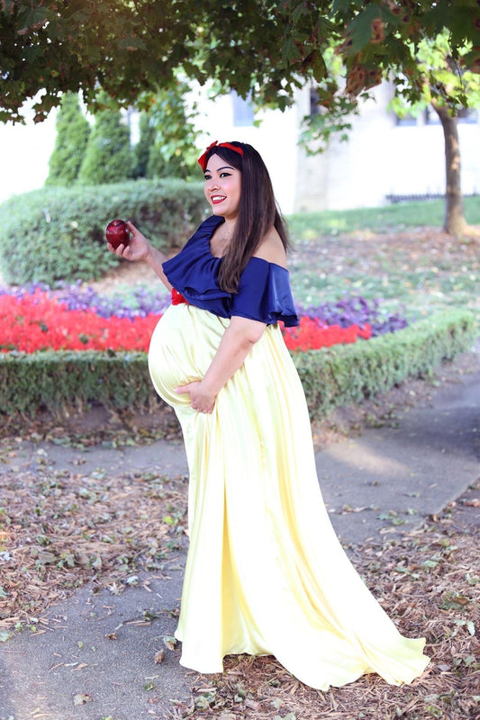 Boho Maternity Gown for Photoshoot – Off-Shoulder Satin Dress yellow and blue, Baby Shower Outfit, Summer Pregnancy Dress, Flowy Maxi Gown