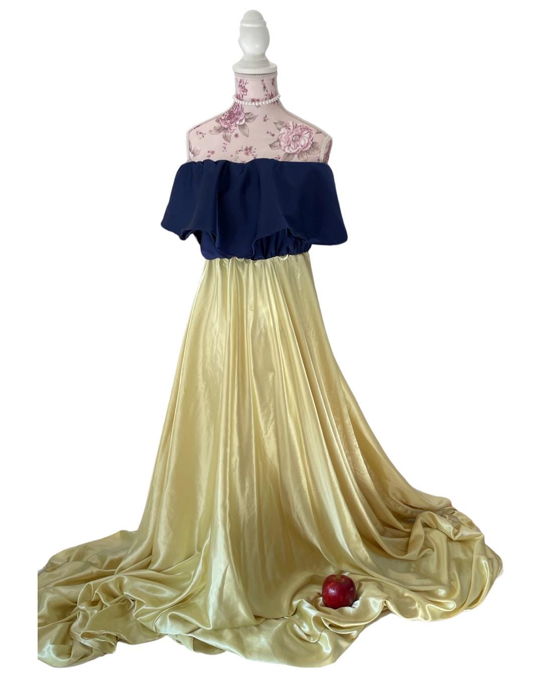 Boho Maternity Gown for Photoshoot – Off-Shoulder Satin Dress yellow and blue, Baby Shower Outfit, Summer Pregnancy Dress, Flowy Maxi Gown