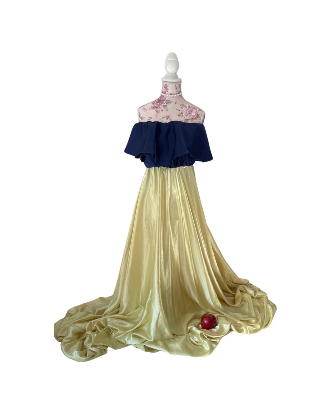 Boho Maternity Gown for Photoshoot – Off-Shoulder Satin Dress yellow and blue, Baby Shower Outfit, Summer Pregnancy Dress, Flowy Maxi Gown