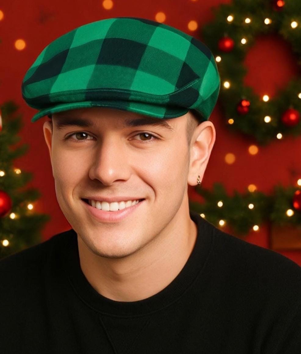 Green and Black Buffalo Check Flat Cap, Red Buffalo Plaid Newsboy Hat, Birthday Boy Buffalo Plaid Hat,Man Lumberjack Plaid Flat Cap Hat Gift