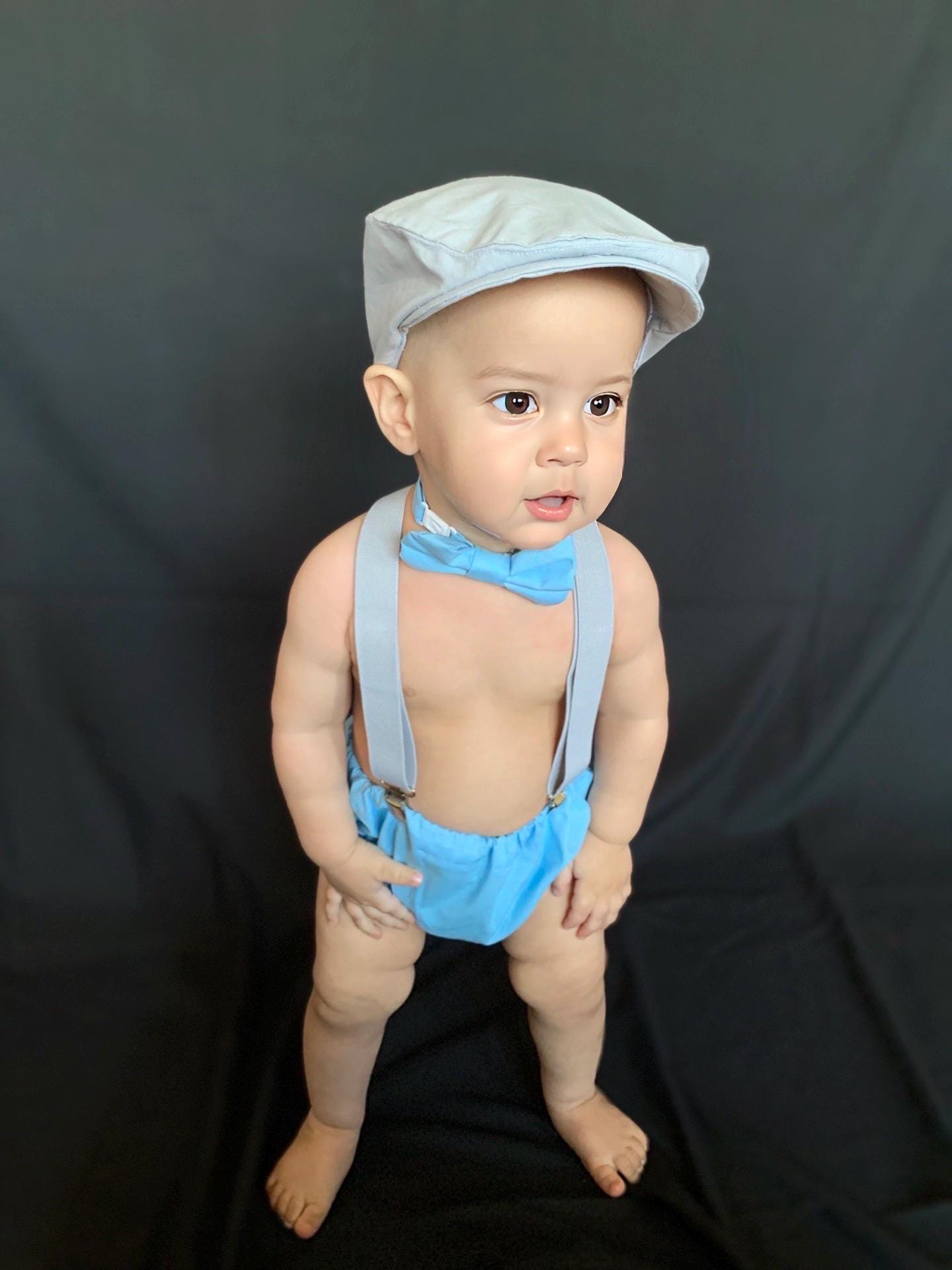 Gray Cake Smash Boy First Birthday super soft cotton dark gray Diaper Cover, light gray Suspenders, bow tie light gray color.