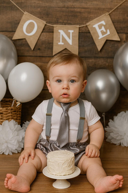 Cake Smash Outfit Gray Silver — Boys First Birthday Outfit Gray Silver — Baby Grey Bow Tie & Baby Grey Diaper Cover with Gray Suspenders