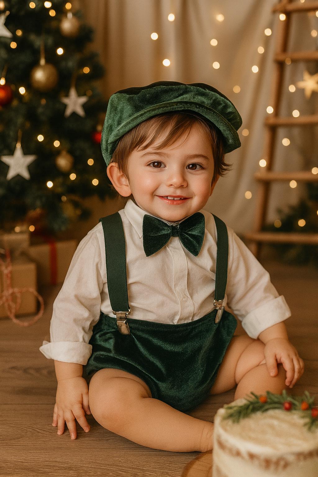 Green Velvet Boy Bloomers , Christmas boy velvet hat, Fall baby outfit, green velvet boy outfit, Christmas suspender velvet boy cake smash
