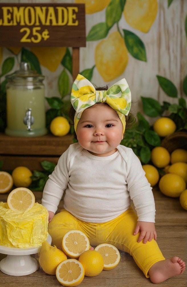 LEMONIA • BIG BOW Headwrap | Permanently Sewn & Pull-Proof | Big Bow Headbands | Soft and Stretchy | Big Bow Headwraps | lemon print