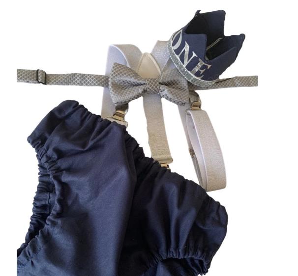 Smash Cake Outfit Boy Birthday Navy Blue and Gray Outfit 1, 2, 3 or 4 Piece Set Diaper Cover Tie Gray Suspenders Party Hat Bow Tie Bloomers