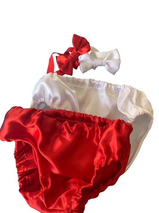 Christmas girl bloomers SET OF 2, satin bloomers, baby bloomers - satin fabric - satin diaper cover- plain diaper cover - satin bottoms bows