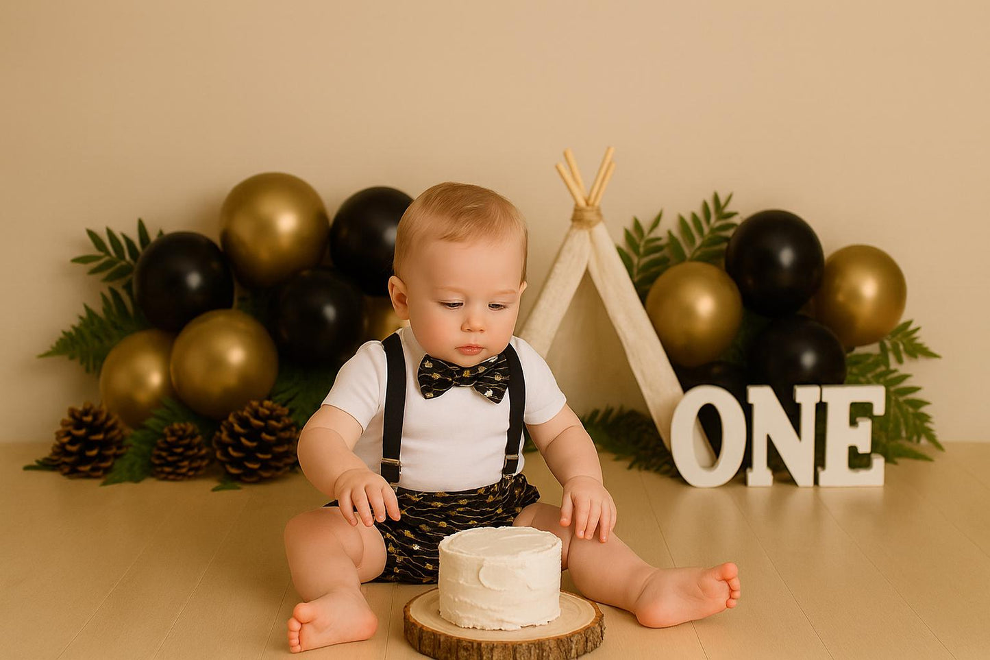 Boys Cake Smash Outfit - Wild One - Diaper Cover, Bow Tie & Birthday bow tie - Boys Birthday Outfit First 1st Birthday - Gold Black Arrows