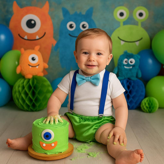 Monsters inspired Smash Cake Boy First Birthday blue cotton Diaper Cover, royal blue Suspenders,green lime bow tie first birthday outfit