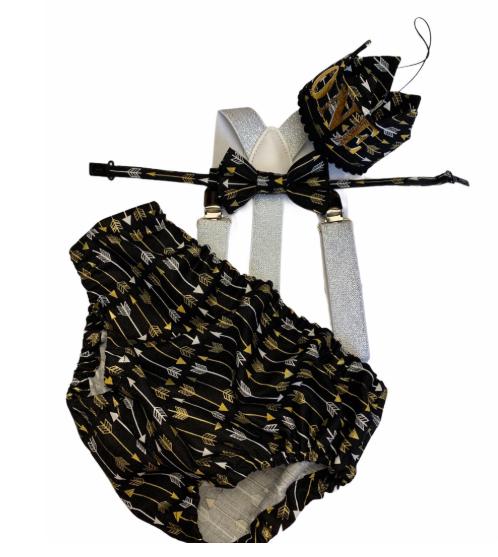 Boys Cake Smash Outfit - Wild One - Diaper Cover, Bow Tie & Birthday bow tie - Boys Birthday Outfit First 1st Birthday - Gold Black Arrows