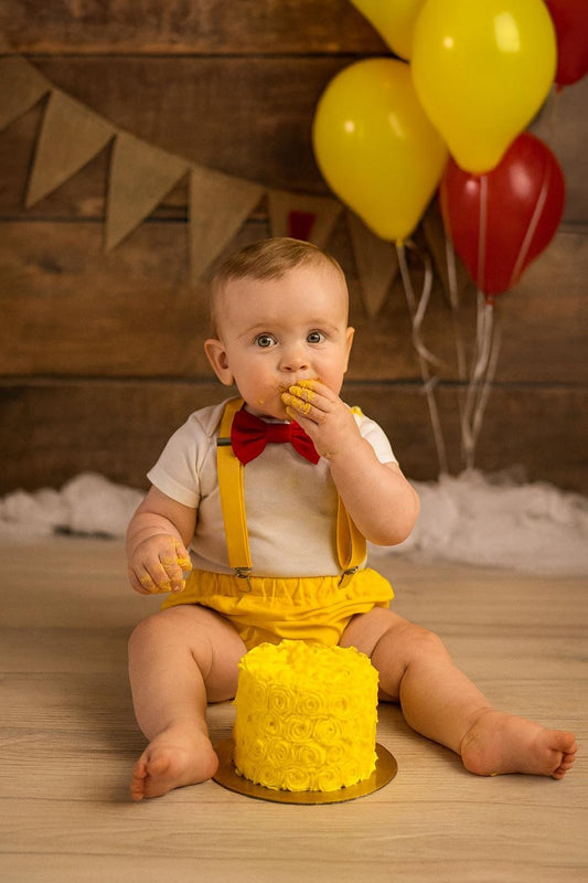 Baby Boy Yellow Cake Smash Outfit -- Baby Boy First Birthday Outfit Yellow and Red