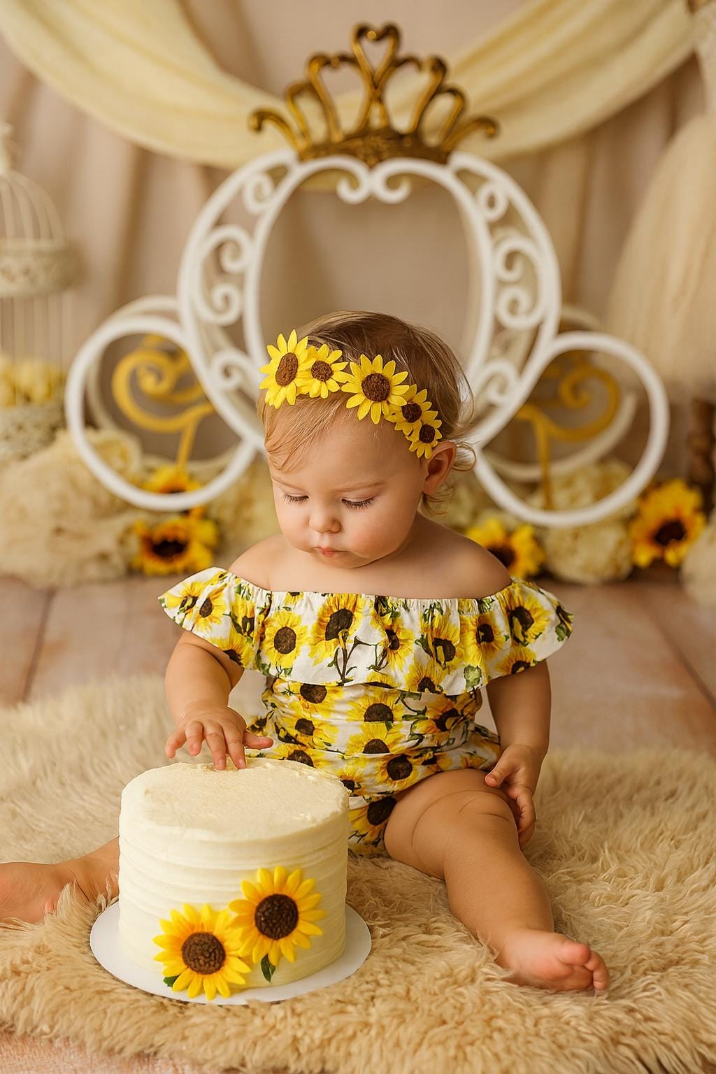 Sunflower baby girls romper, First birthday outfit, Sunflower headband