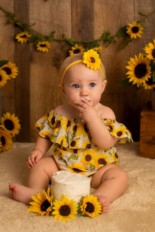 Sunflower baby girls romper, First birthday outfit, Sunflower headband