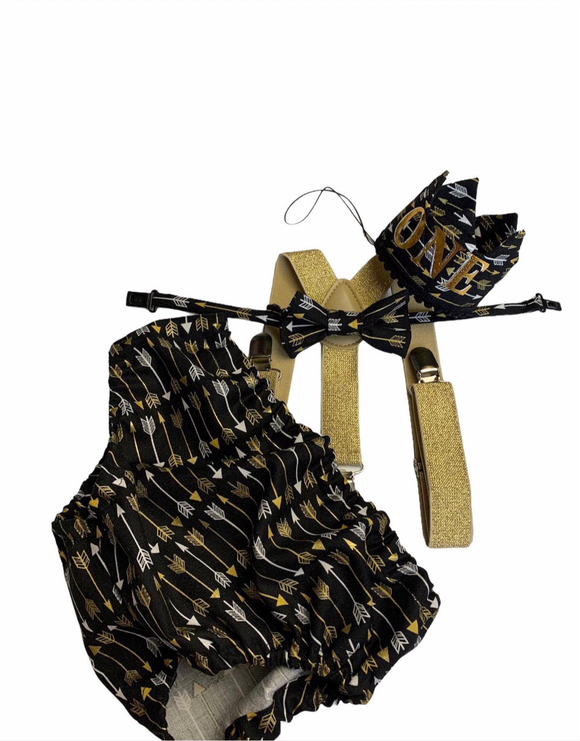 Boys Cake Smash Outfit - Wild One - Diaper Cover, Bow Tie & Birthday bow tie - Boys Birthday Outfit First 1st Birthday - Gold Black Arrows