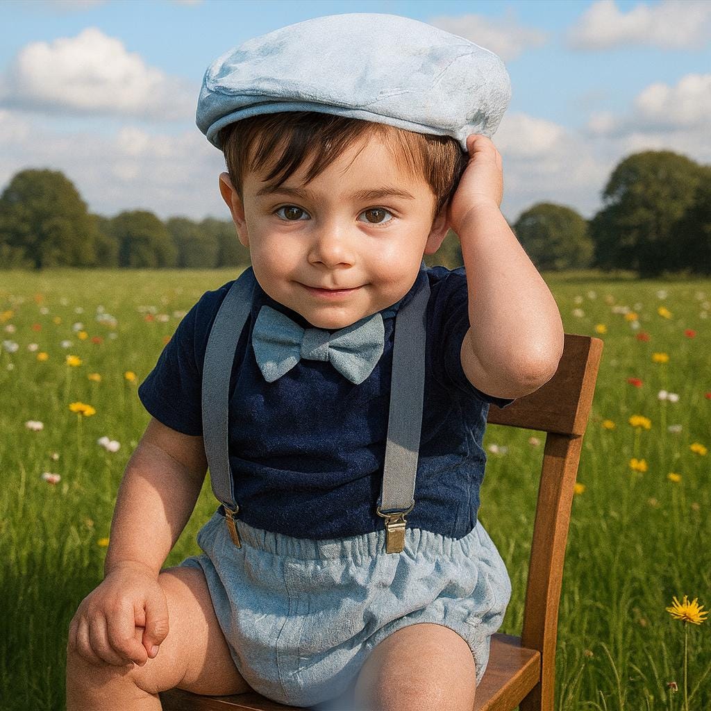 Light denim blue cake smash set for first birthday. Flat cap. Bow tie. Suspenders. Bloomer