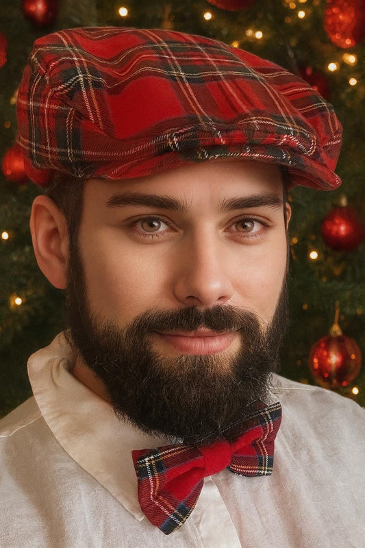 Tartan Flat Cap and bow tie British Tartan Flat Cap Elastic Fitting Tartan Hat Gift for him
