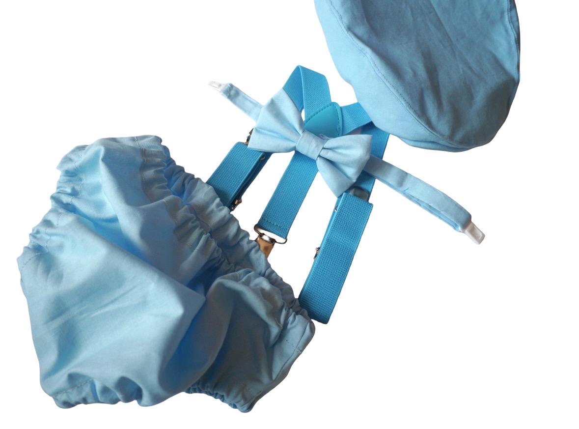 Adorable Boys Cake Smash Outfit - Blue Cotton Set with Shorts, Bow, Braces, and Party Hat. Perfect 1st Birthday Attire! Shop now. #BabyBoy