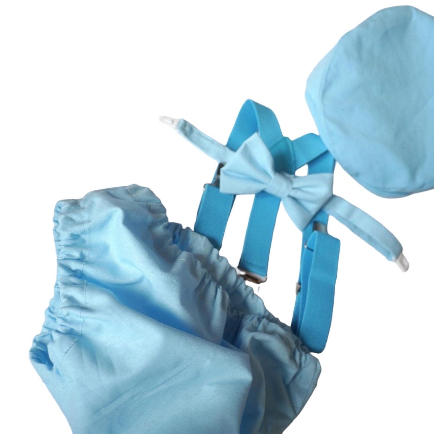 Adorable Boys Cake Smash Outfit - Blue Cotton Set with Shorts, Bow, Braces, and Party Hat. Perfect 1st Birthday Attire! Shop now. #BabyBoy