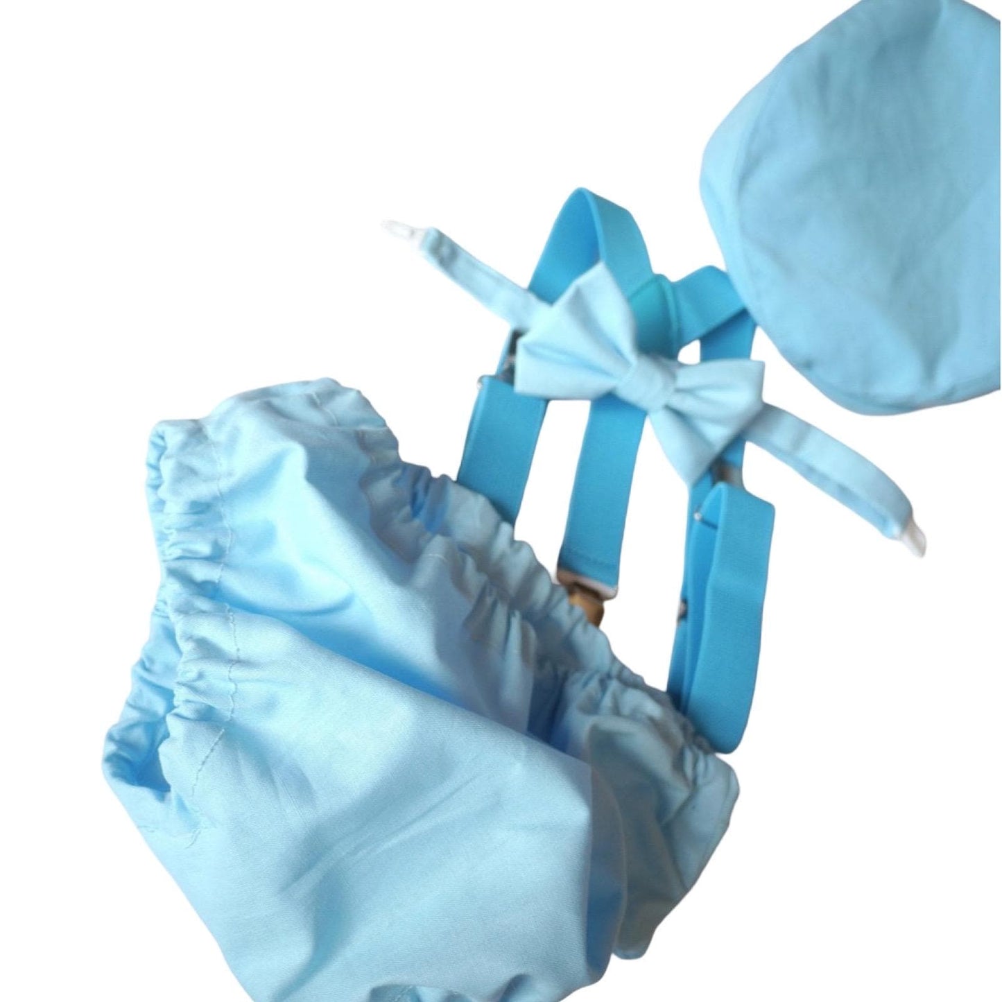 Adorable Boys Cake Smash Outfit - Blue Cotton Set with Shorts, Bow, Braces, and Party Hat. Perfect 1st Birthday Attire! Shop now. #BabyBoy