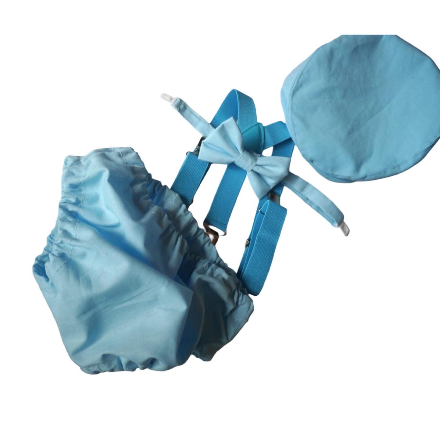 Adorable Boys Cake Smash Outfit - Blue Cotton Set with Shorts, Bow, Braces, and Party Hat. Perfect 1st Birthday Attire! Shop now. #BabyBoy
