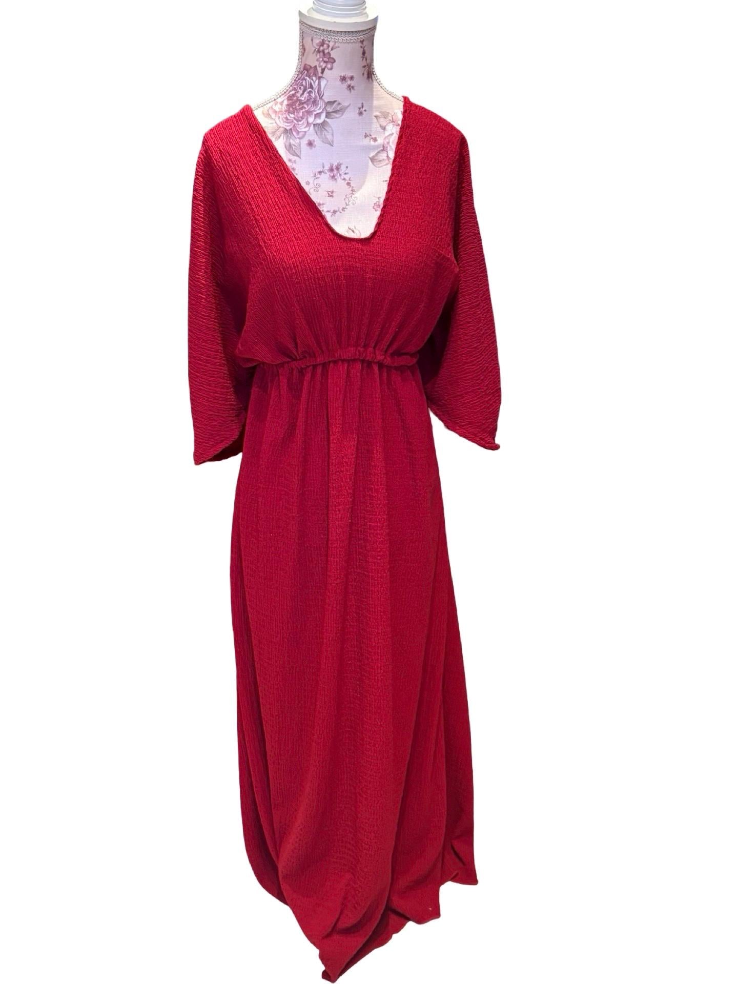 Empire Waist Dress | v neck goddess Dress in Red | crinkle knit | Ankle length flowing dress | boho summer valentine dress